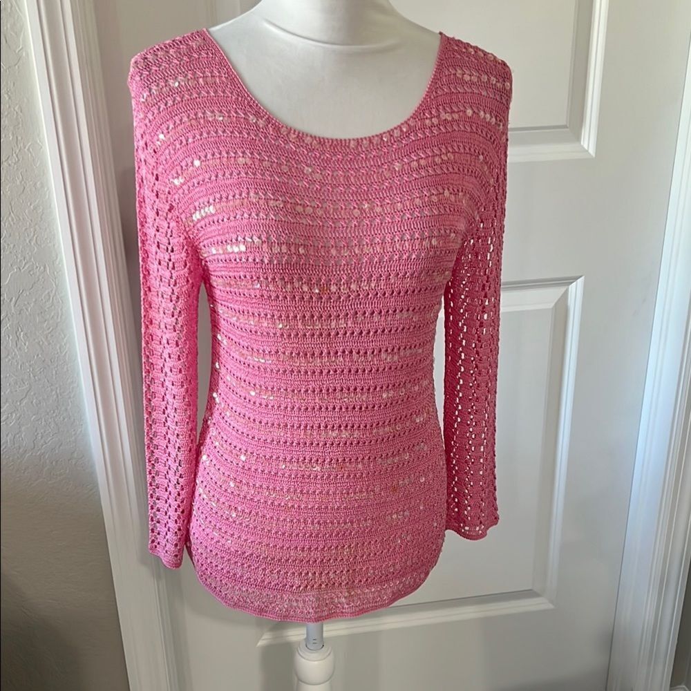 Valenti Rome Paris New York Pink Crochet with Iridescent sequins Spring Sweater